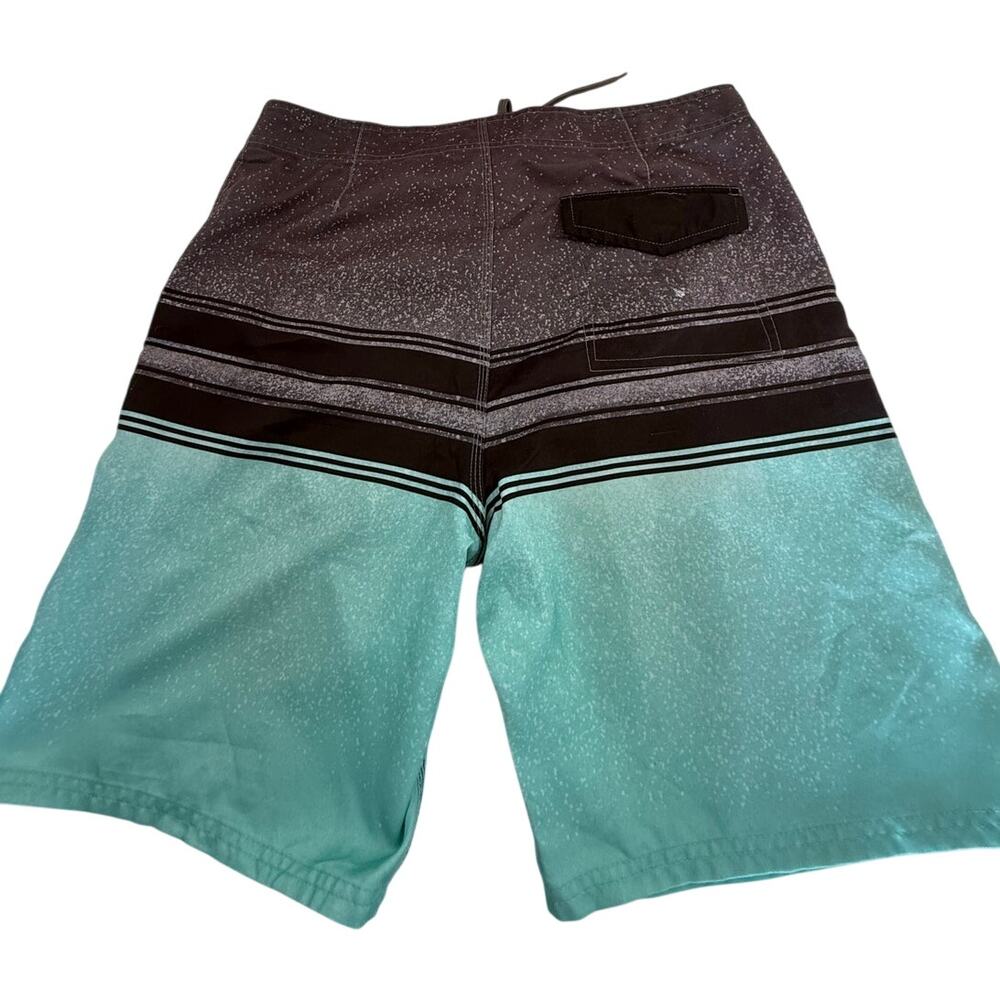 SKU2522 Burnside Men Size 34 Gray Aqua Striped Board Shorts with Surf Wax Comb
